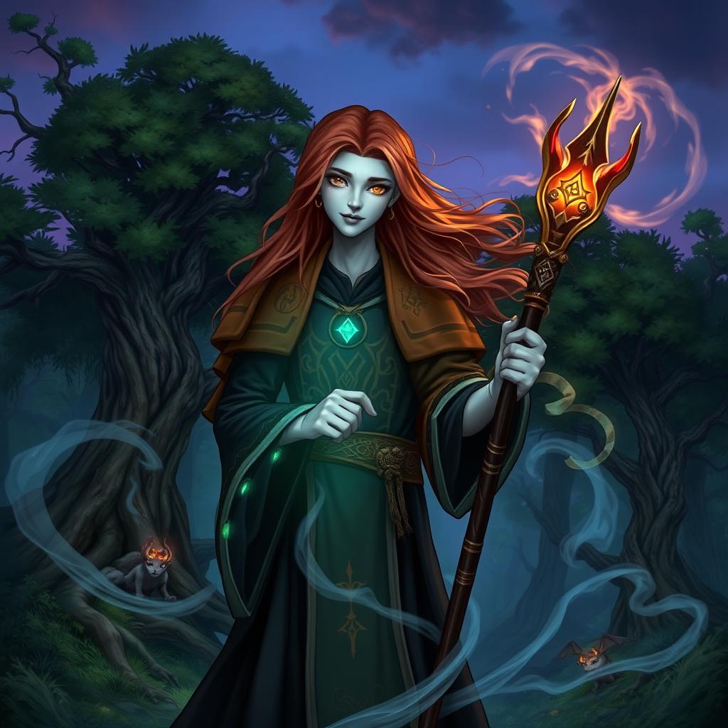 Warlock Tiflin with brown hair, black eyes, and gray skin
