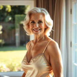 A mature 70-year-old Caucasian blonde woman, exuding confidence and grace, standing elegantly in a sunlit room