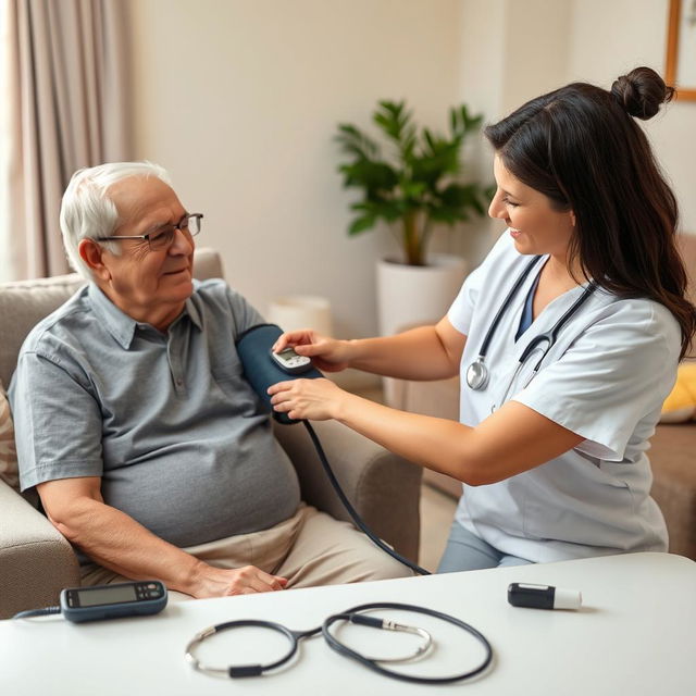 A realistic scene showcasing a healthcare worker measuring the blood pressure of an elderly person in a comfortable home setting