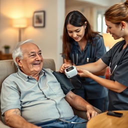 A realistic scene showcasing a healthcare worker measuring the blood pressure of an elderly person in a comfortable home setting