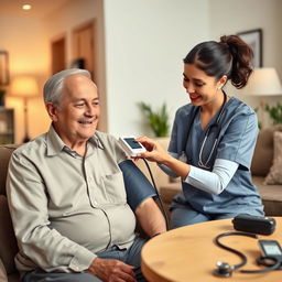 A realistic scene showcasing a healthcare worker measuring the blood pressure of an elderly person in a comfortable home setting