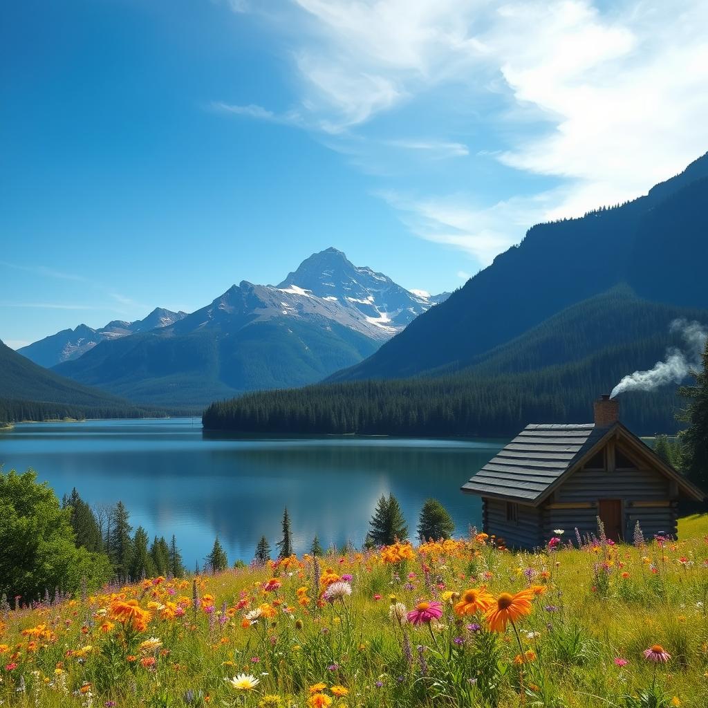 A serene landscape featuring a majestic mountain range under a clear blue sky