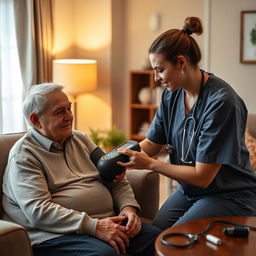 A realistic scene showcasing a healthcare worker measuring the blood pressure of an elderly person in a comfortable home setting