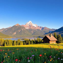 A serene landscape featuring a majestic mountain range under a clear blue sky