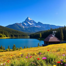 A serene landscape featuring a majestic mountain range under a clear blue sky