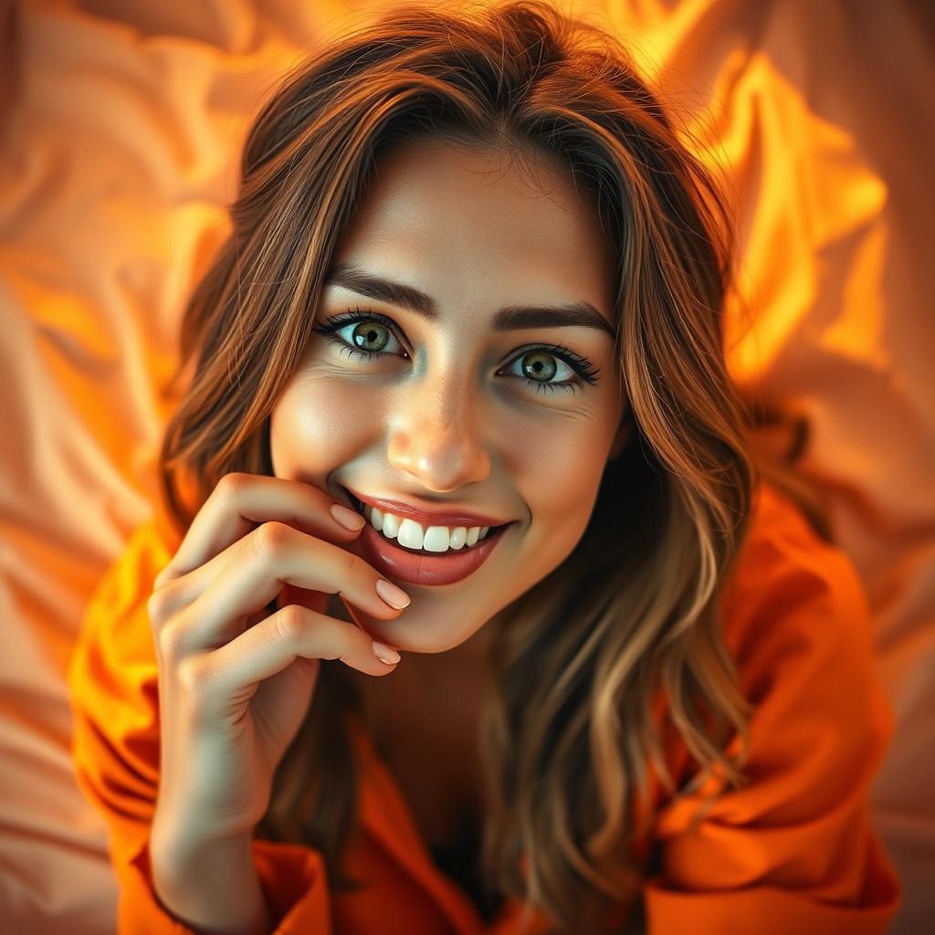 A captivating portrait of a woman with green eyes and brown hair, lying on a bed bathed in orange sunset light