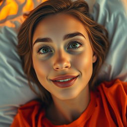 A captivating portrait of a woman with green eyes and brown hair, lying on a bed bathed in orange sunset light