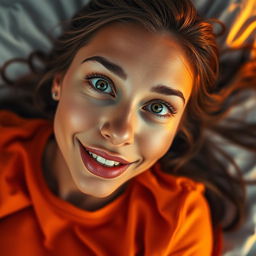 A captivating portrait of a woman with green eyes and brown hair, lying on a bed bathed in orange sunset light