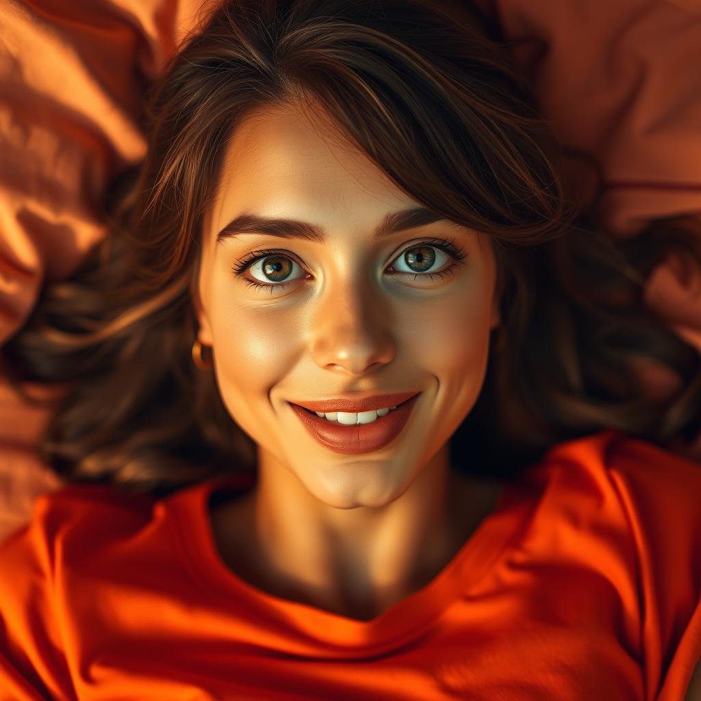 A captivating portrait of a woman with green eyes and brown hair, lying on a bed bathed in orange sunset light