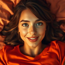 A captivating portrait of a woman with green eyes and brown hair, lying on a bed bathed in orange sunset light