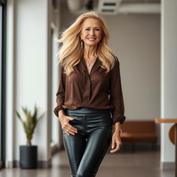 A striking 70-year-old Caucasian blonde woman with flowing golden locks, exuding style and confidence, standing confidently in a modern, chic setting