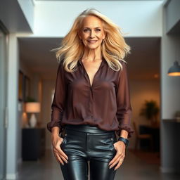 A striking 70-year-old Caucasian blonde woman with flowing golden locks, exuding style and confidence, standing confidently in a modern, chic setting