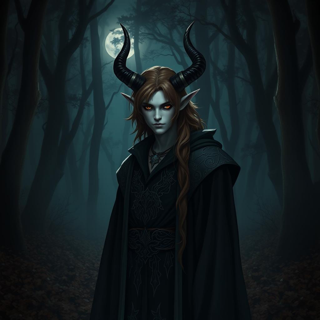 A male Warlock Tiflin with dark horns, brown hair, black eyes, and gray skin stands in a dark forest