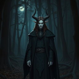 A male Warlock Tiflin with dark horns, brown hair, black eyes, and gray skin stands in a dark forest