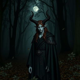 A male Warlock Tiflin with dark horns, brown hair, black eyes, and gray skin stands in a dark forest