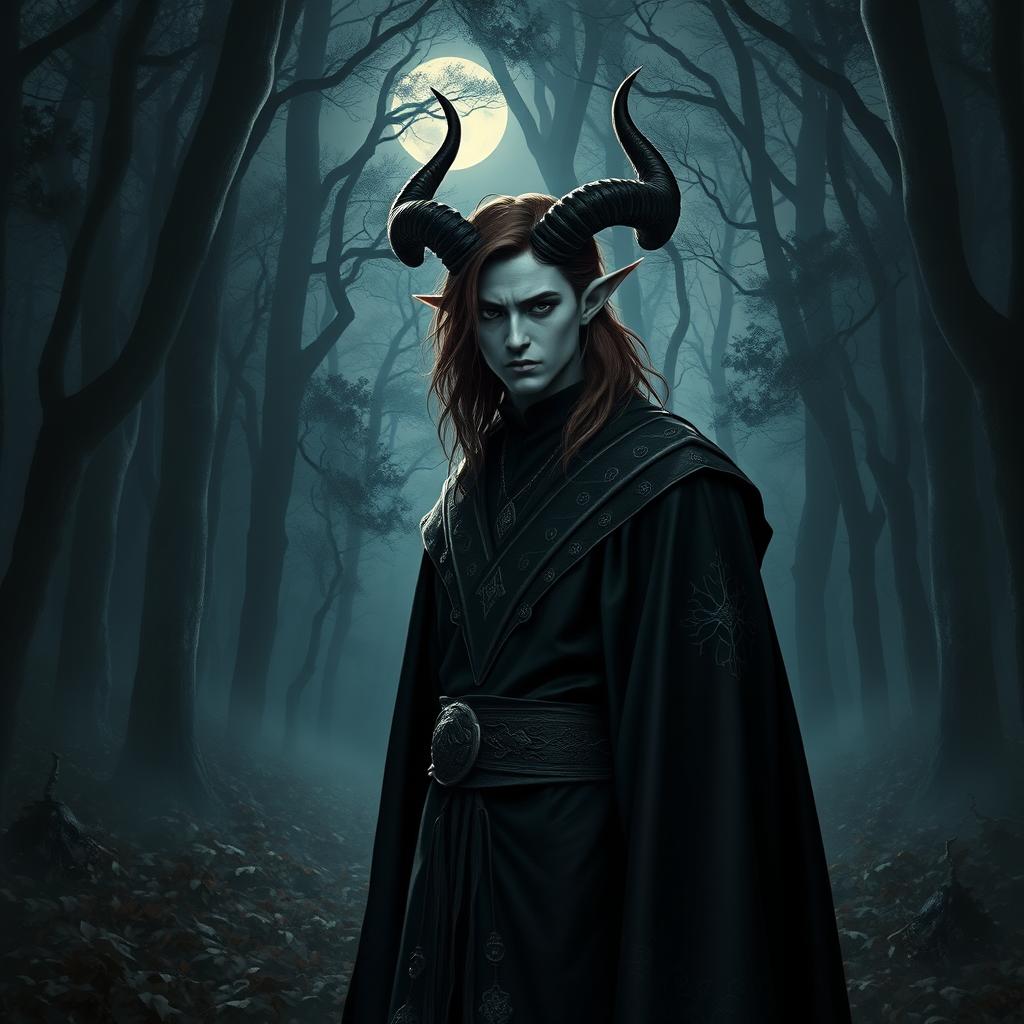 A male Warlock Tiflin with dark horns, brown hair, black eyes, and gray skin stands in a dark forest