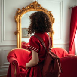 A white girl with curly brown hair wearing a red school uniform stands in front of a large golden mirror