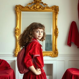 A white girl with curly brown hair wearing a red school uniform stands in front of a large golden mirror