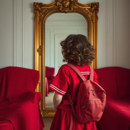 A white girl with curly brown hair wearing a red school uniform stands in front of a large golden mirror