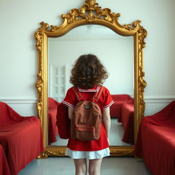 A white girl with curly brown hair wearing a red school uniform stands in front of a large golden mirror