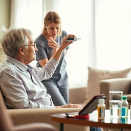 An elderly person sits comfortably in an armchair while a caregiver gently takes their temperature with a digital ear thermometer