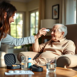 An elderly person sits comfortably in an armchair while a caregiver gently takes their temperature with a digital ear thermometer