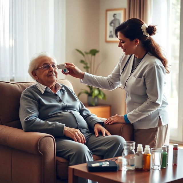 An elderly person sits comfortably in an armchair while a caregiver gently takes their temperature with a digital ear thermometer