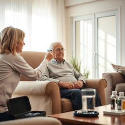 An elderly person sits comfortably in an armchair while a caregiver gently takes their temperature with a digital ear thermometer