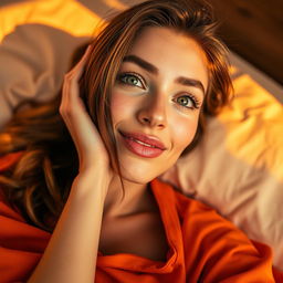 A captivating wide shot of a woman with green eyes and brown hair, lying on a bed bathed in orange sunset light