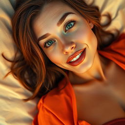 A captivating wide shot of a woman with green eyes and brown hair, lying on a bed bathed in orange sunset light