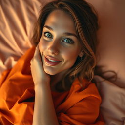 A captivating wide shot of a woman with green eyes and brown hair, lying on a bed bathed in orange sunset light