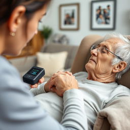 A close-up of an elderly person resting calmly in a recliner chair, while a caregiver monitors their breathing with a digital pulse oximeter