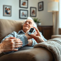 A close-up of an elderly person resting calmly in a recliner chair, while a caregiver monitors their breathing with a digital pulse oximeter