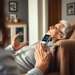 A close-up of an elderly person resting calmly in a recliner chair, while a caregiver monitors their breathing with a digital pulse oximeter