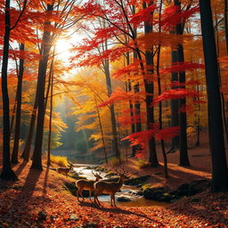 A serene and enchanting forest landscape during autumn, showcasing a vibrant array of red, orange, and yellow leaves on the tall trees