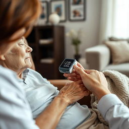 A close-up of an elderly person resting calmly in a recliner chair, while a caregiver monitors their breathing with a digital pulse oximeter