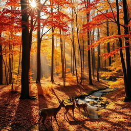 A serene and enchanting forest landscape during autumn, showcasing a vibrant array of red, orange, and yellow leaves on the tall trees