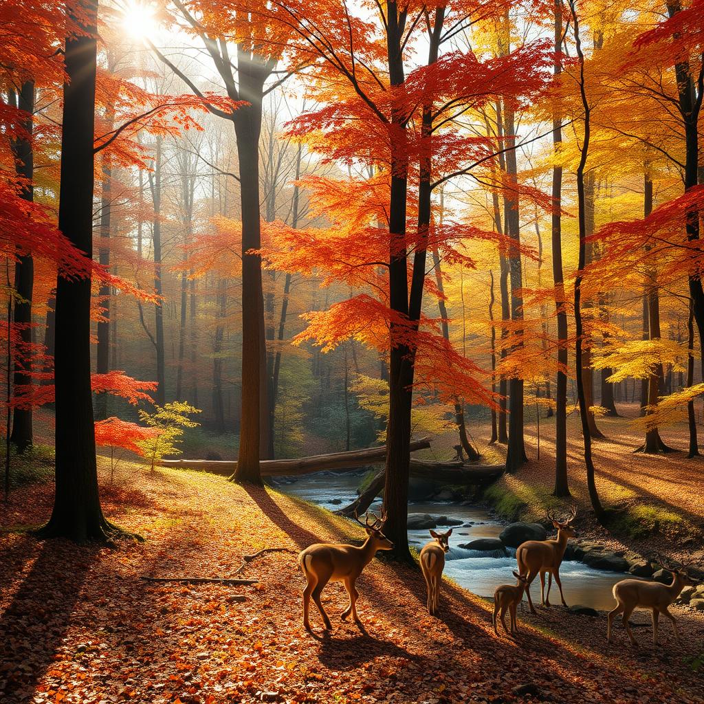 A serene and enchanting forest landscape during autumn, showcasing a vibrant array of red, orange, and yellow leaves on the tall trees