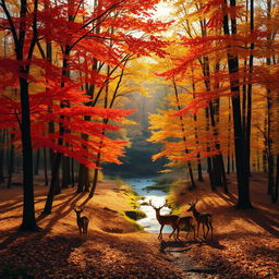 A serene and enchanting forest landscape during autumn, showcasing a vibrant array of red, orange, and yellow leaves on the tall trees