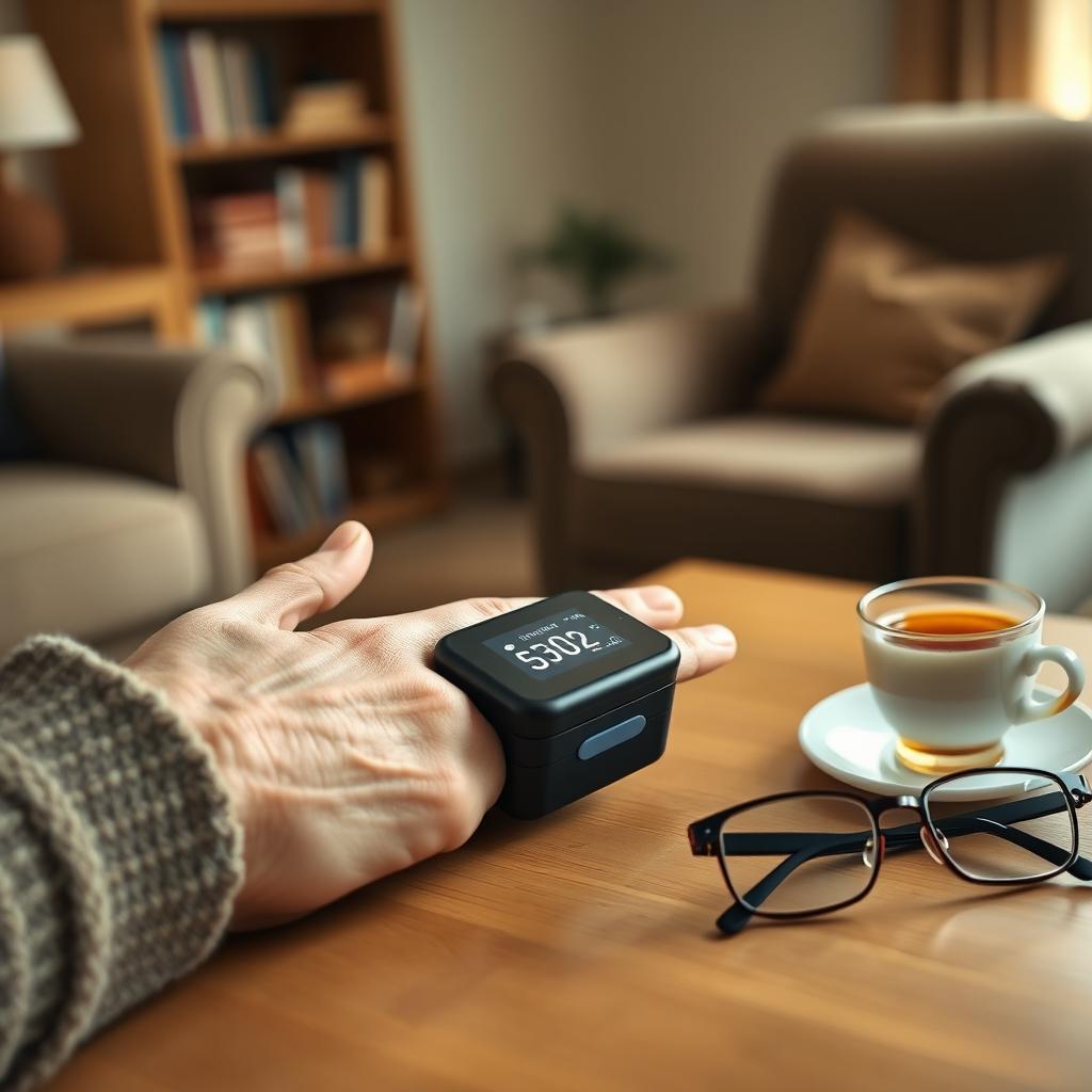 A realistic image depicting an elderly person using a fingertip pulse oximeter