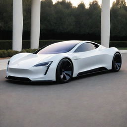 A futuristic electric car that blends the modern, clean lines of a Tesla with the aggressive styling of a Devel Sixteen