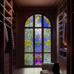 A luxurious walk-in closet with intricate stained glass windows letting in soft, colorful light.