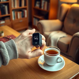 A realistic image depicting an elderly person using a fingertip pulse oximeter