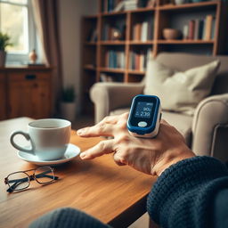 A realistic image depicting an elderly person using a fingertip pulse oximeter