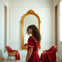 A teenage girl with curly brown hair stands in front of a large golden mirror in a room painted white