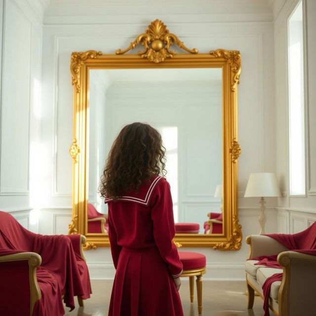 A teenage girl with curly brown hair stands in front of a large golden mirror in a room painted white