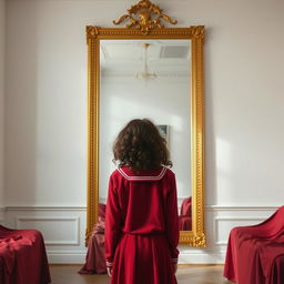 A teenage girl with curly brown hair stands in front of a large golden mirror in a room painted white