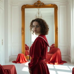 A teenage girl with curly brown hair stands in front of a large golden mirror in a room painted white