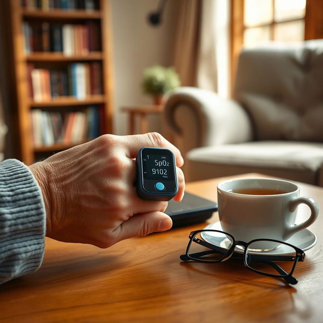 A realistic image depicting an elderly person using a fingertip pulse oximeter