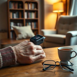 A realistic image depicting an elderly person using a fingertip pulse oximeter